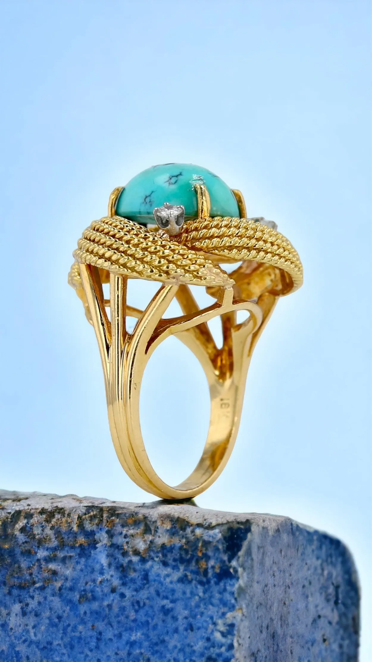 18k yellow gold solid natural turquoise center stone diamond accent knot ring-31314