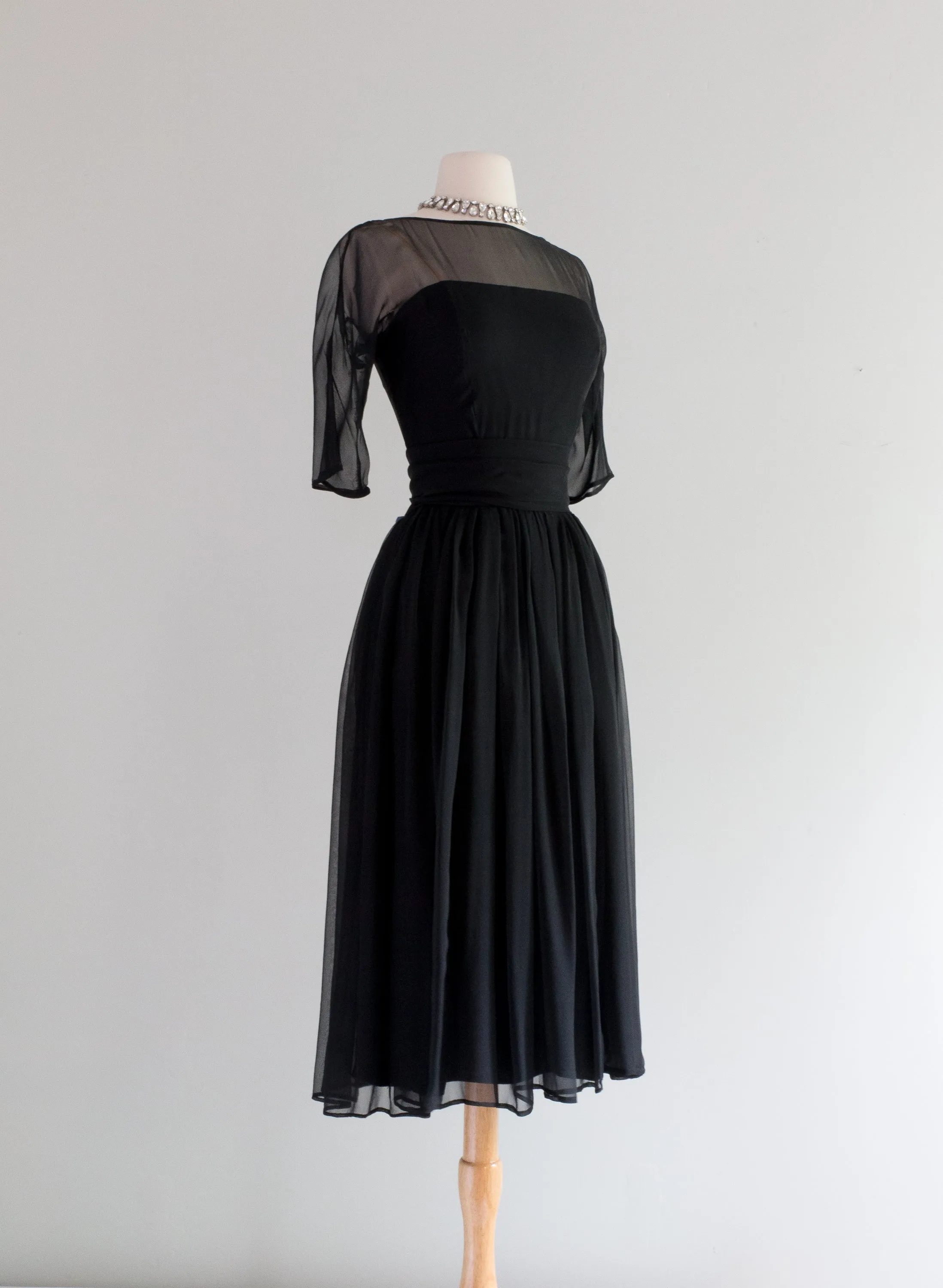 1950's Suzy Perette Black Silk Chiffon Party Dress / Small