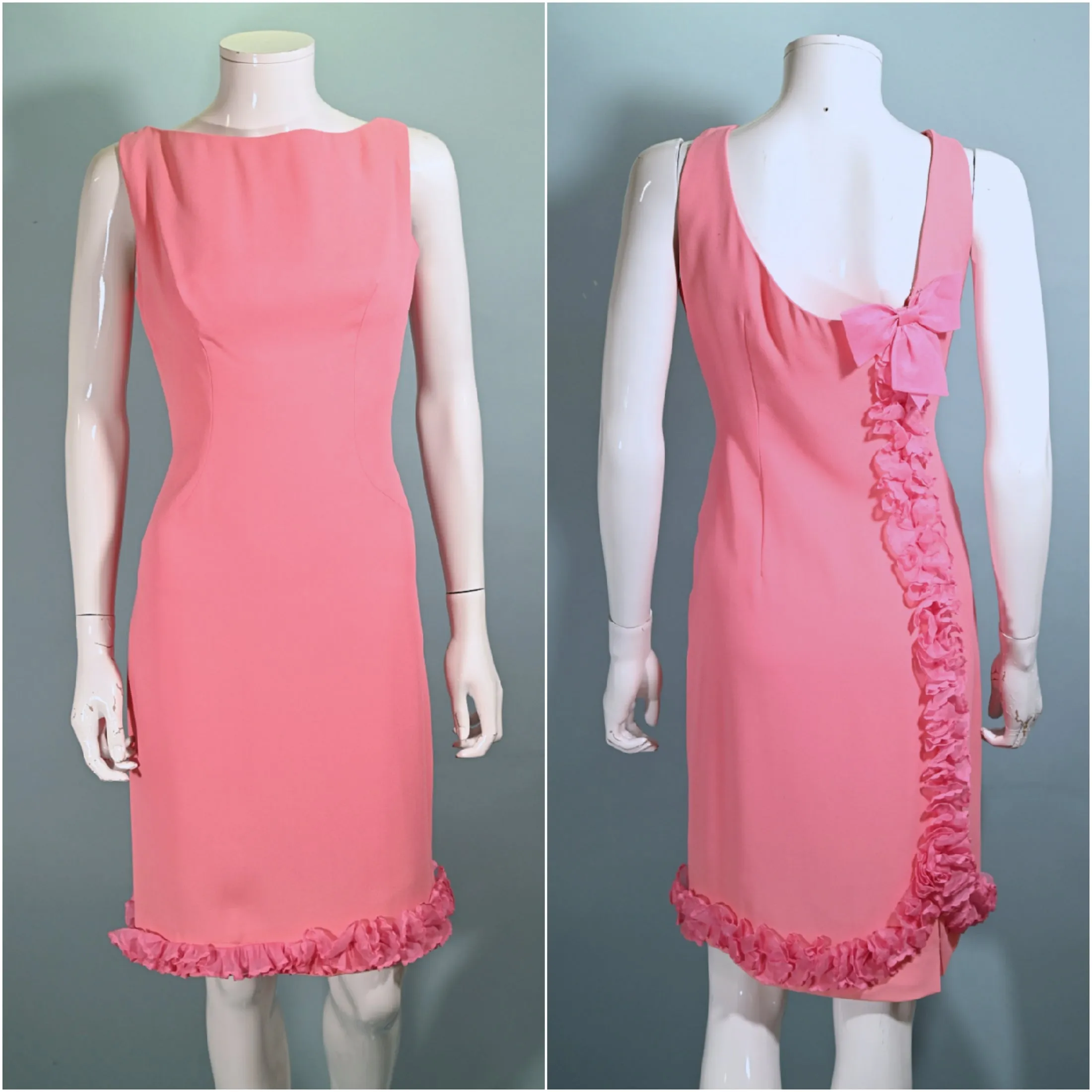 60s Pink Ruffle Wiggle Dress, 1960s Party Dress M