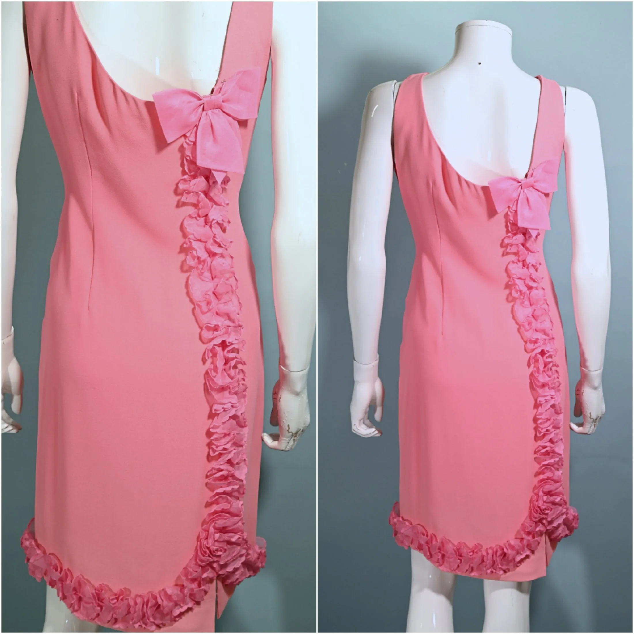 60s Pink Ruffle Wiggle Dress, 1960s Party Dress M