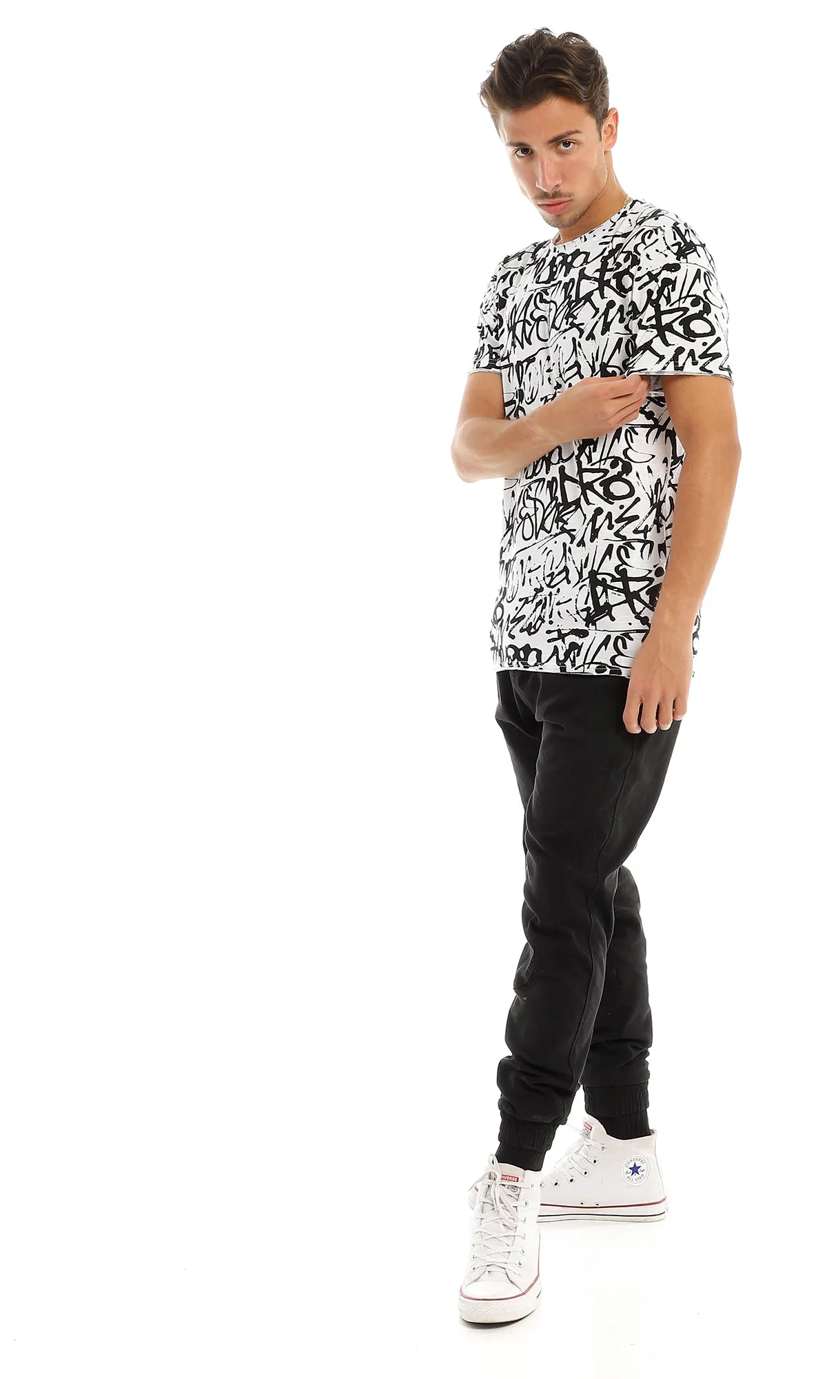 97177 Cool Self Patterned Crew Neck Black & White T-Shirt