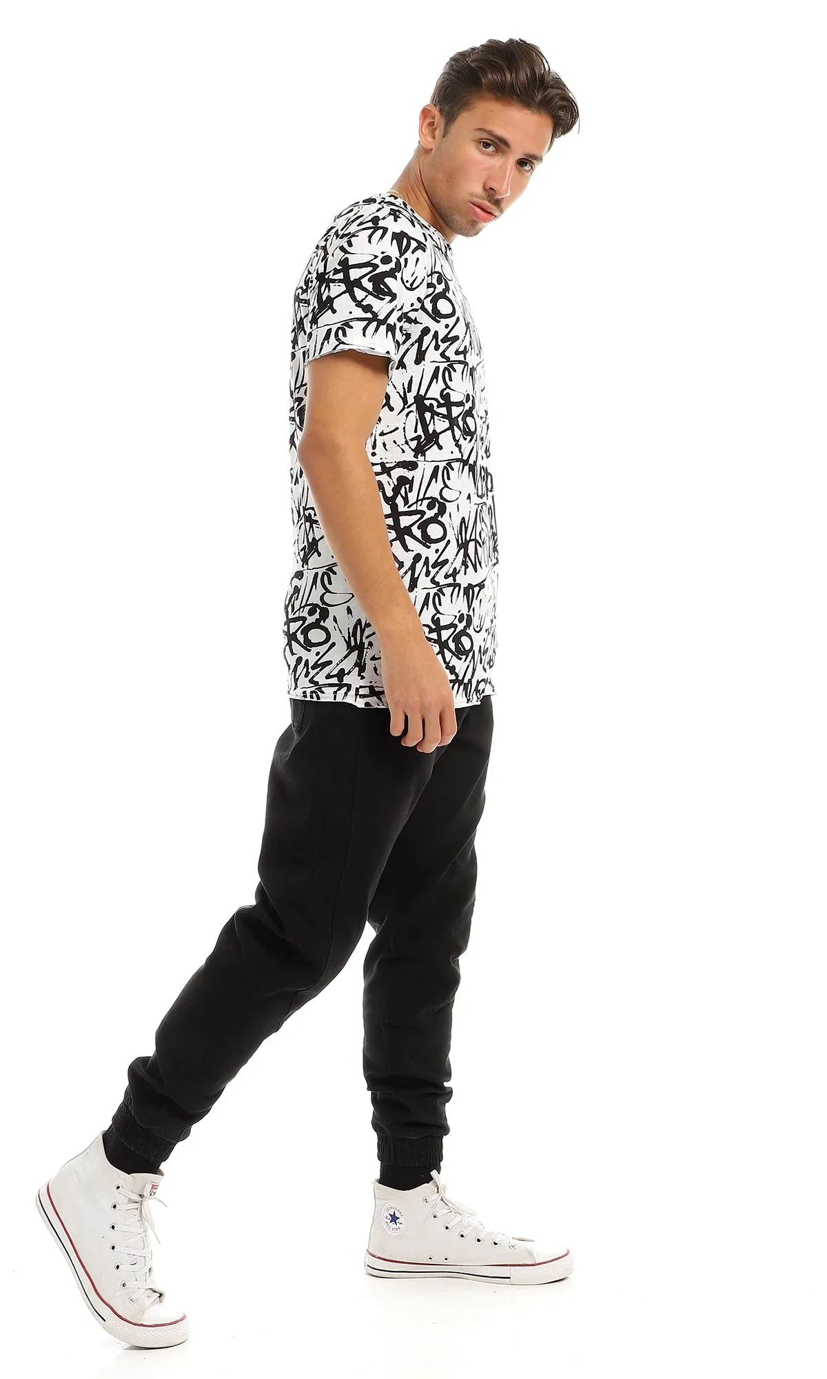 97177 Cool Self Patterned Crew Neck Black & White T-Shirt