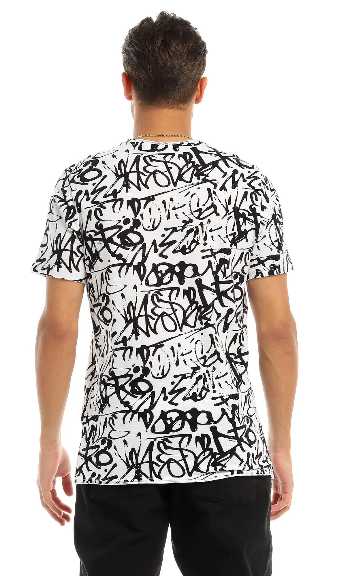 97177 Cool Self Patterned Crew Neck Black & White T-Shirt