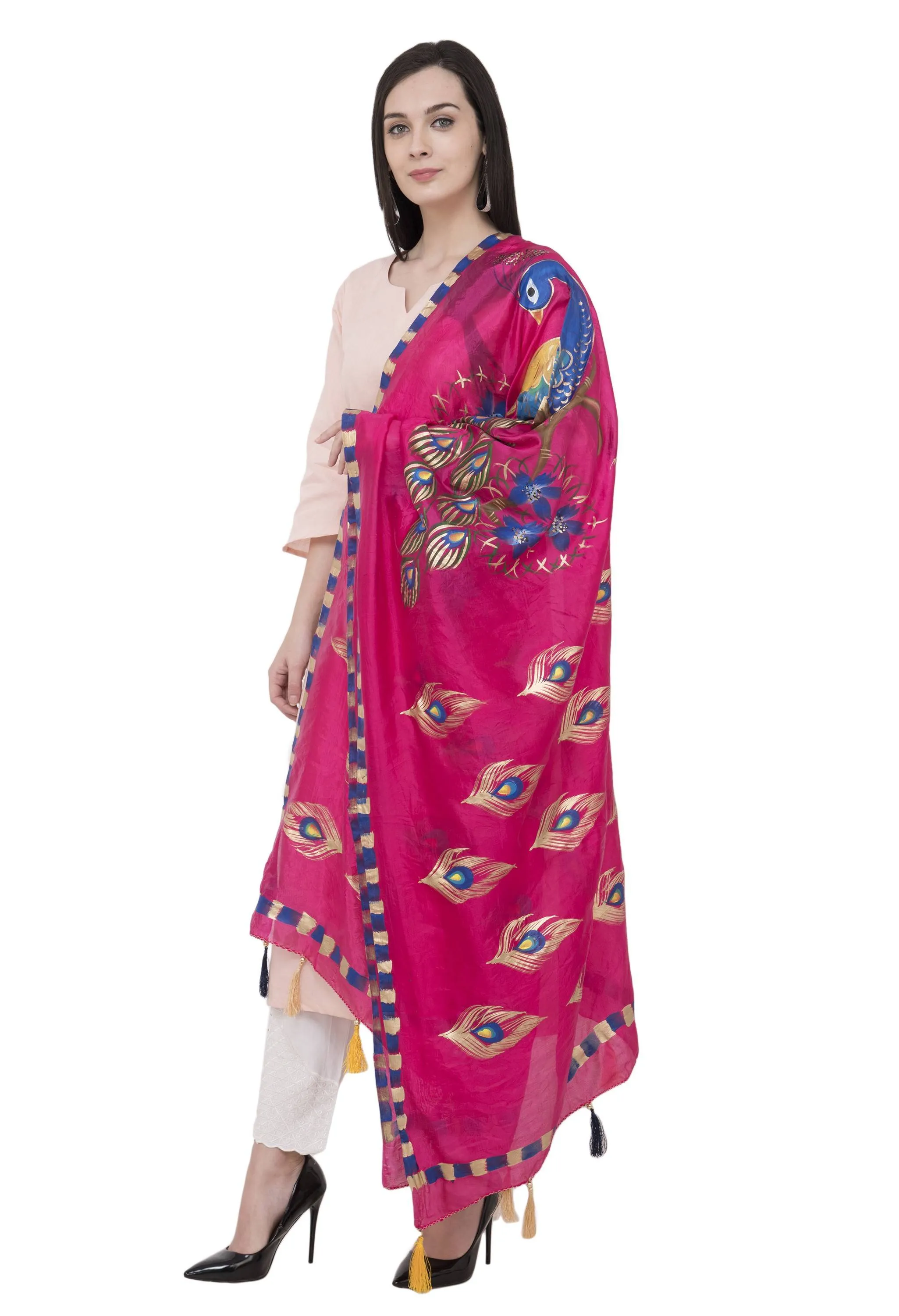 A R Silk Silk Peacock Multi Fancy Dupatta Color Rani Dupatta or Chunni