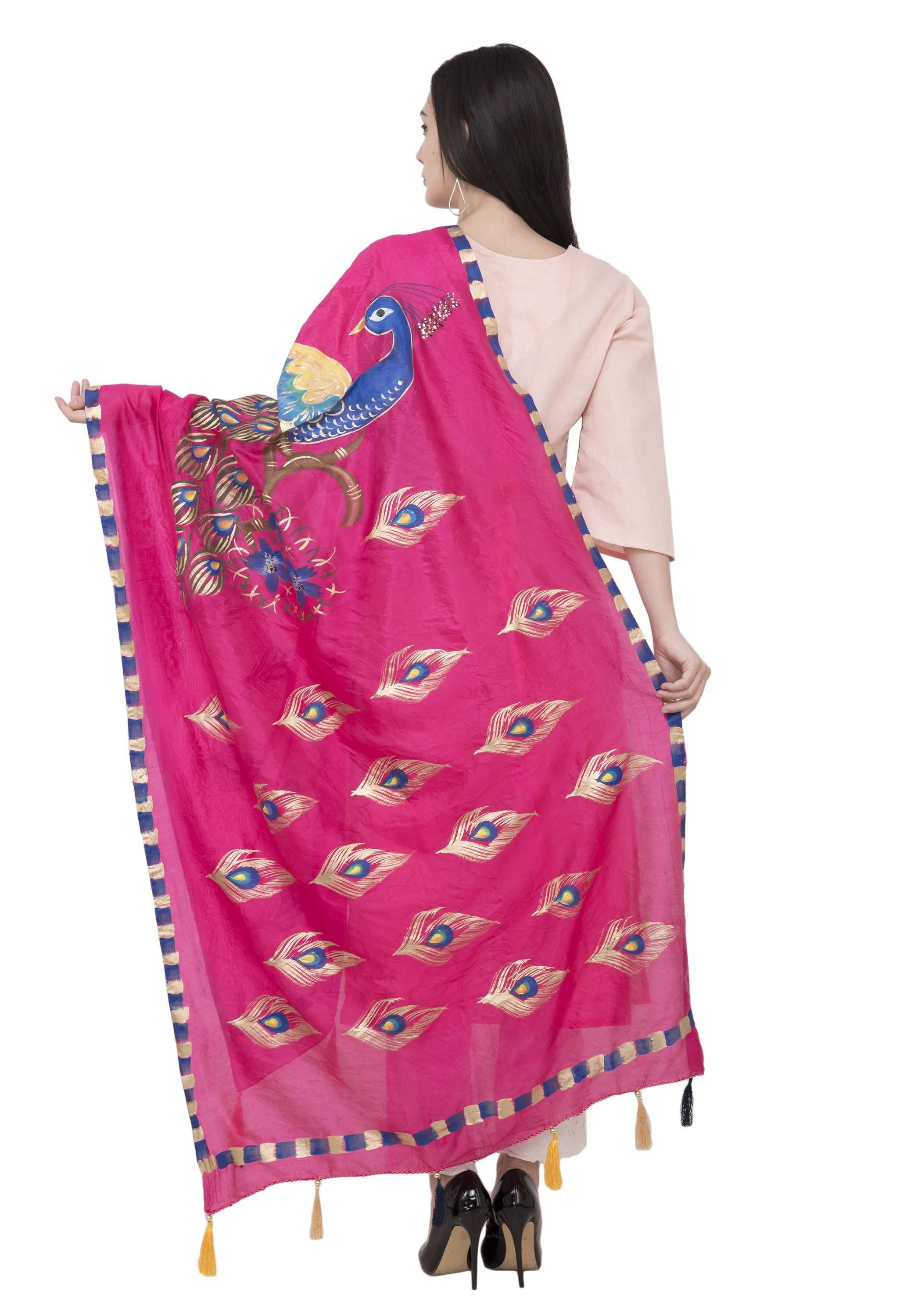 A R Silk Silk Peacock Multi Fancy Dupatta Color Rani Dupatta or Chunni