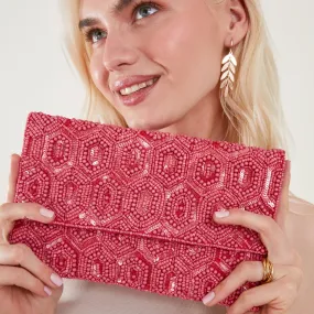 Accessorize London Women's Pink Classic Beaded Embellished Clutch