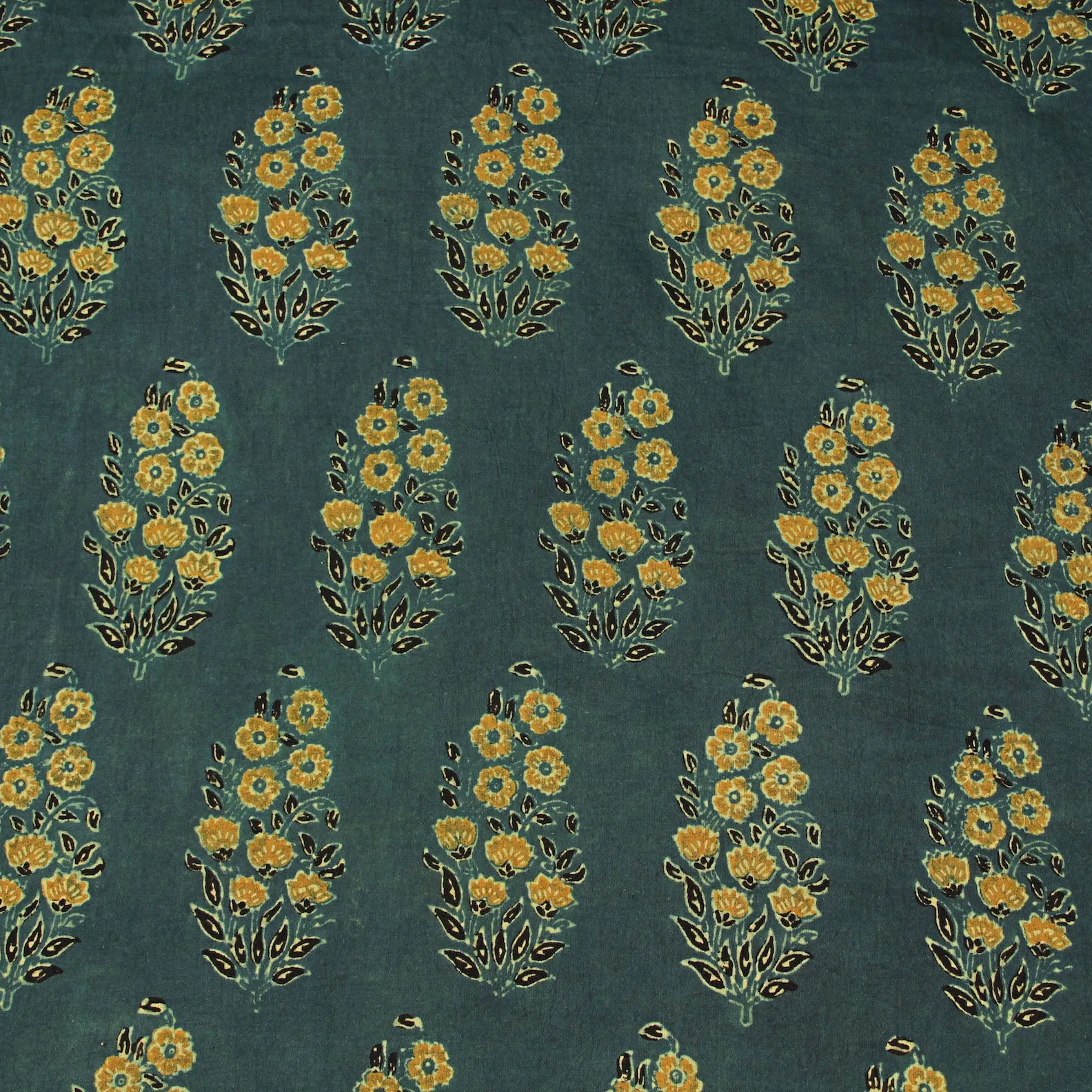 Ajrakh Mustard Floral Bunch Hand Block Printed Cotton Fabric