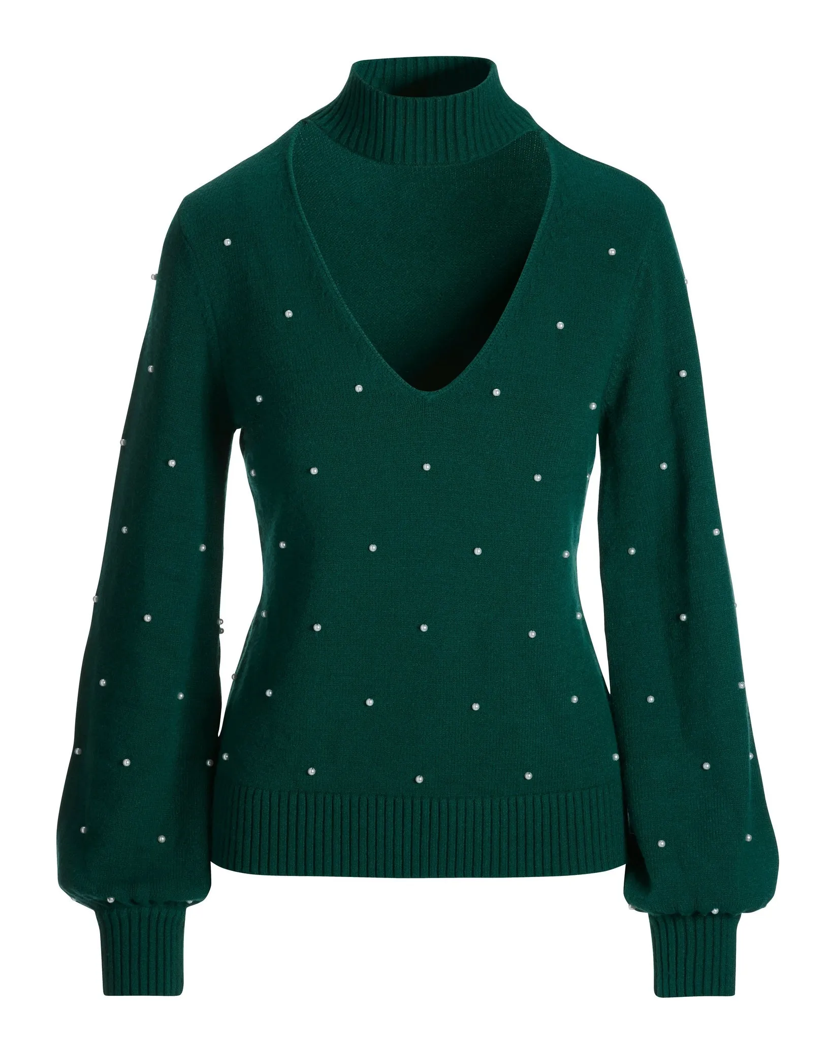 All Over Pearl Embellished Keyhole Sweater Deep Emerald