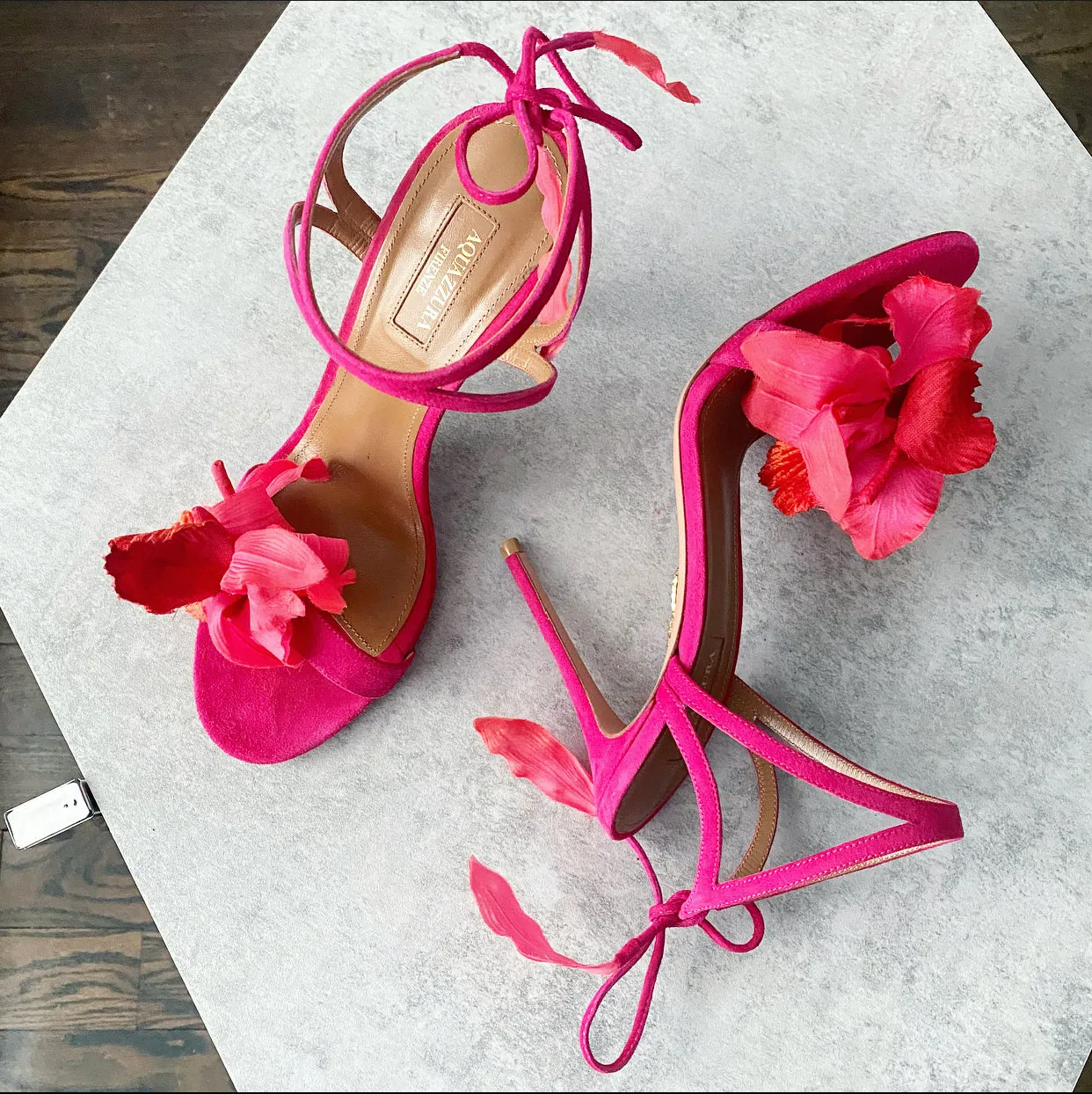 Aquazzura Pink Suede Floral 105 Sandals - 39.5 (USA 9)