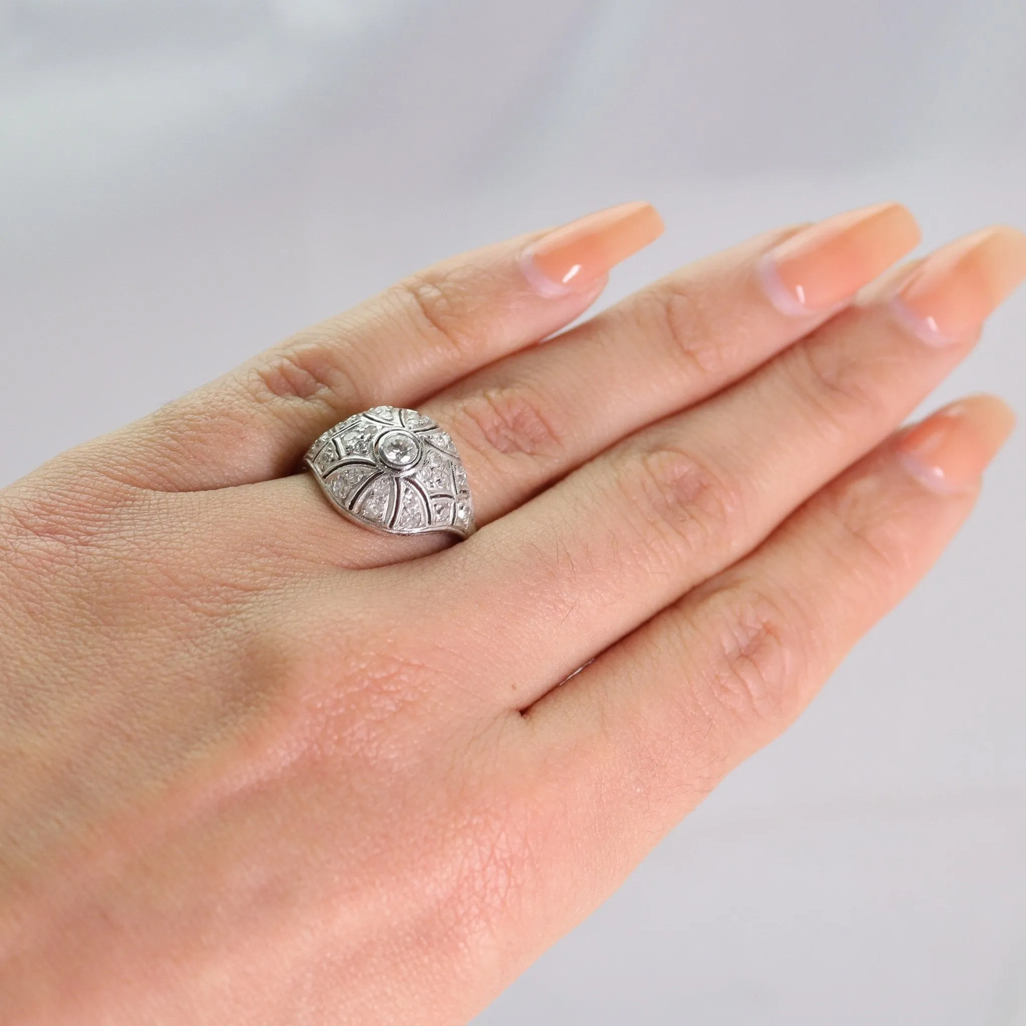 Art Deco Diamond  White Gold Bombe Style Ring