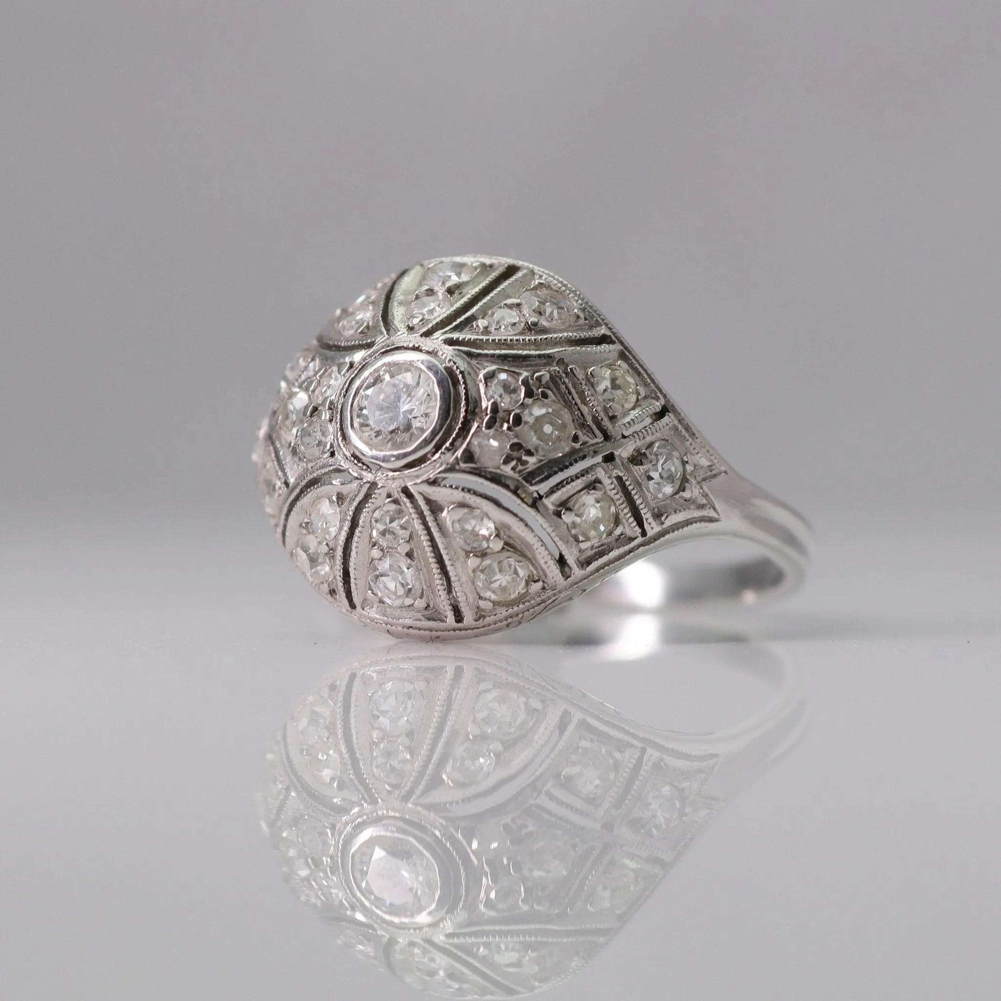 Art Deco Diamond  White Gold Bombe Style Ring