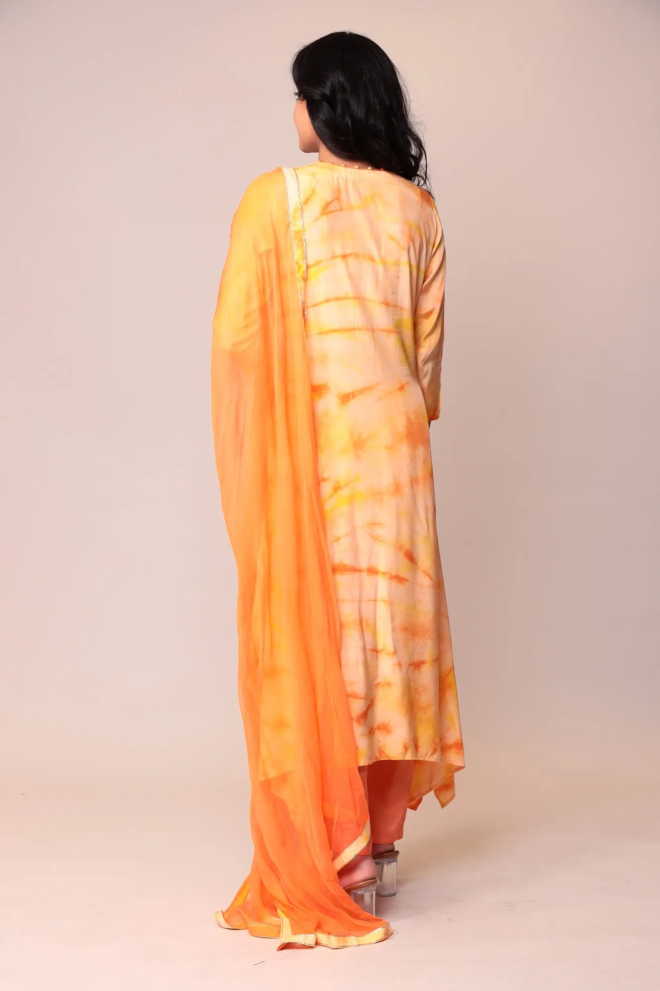 Assymetrical Cut Tie & Dye Silk Kurta Stitched (3Pc) with Gota Patti and Thread Work