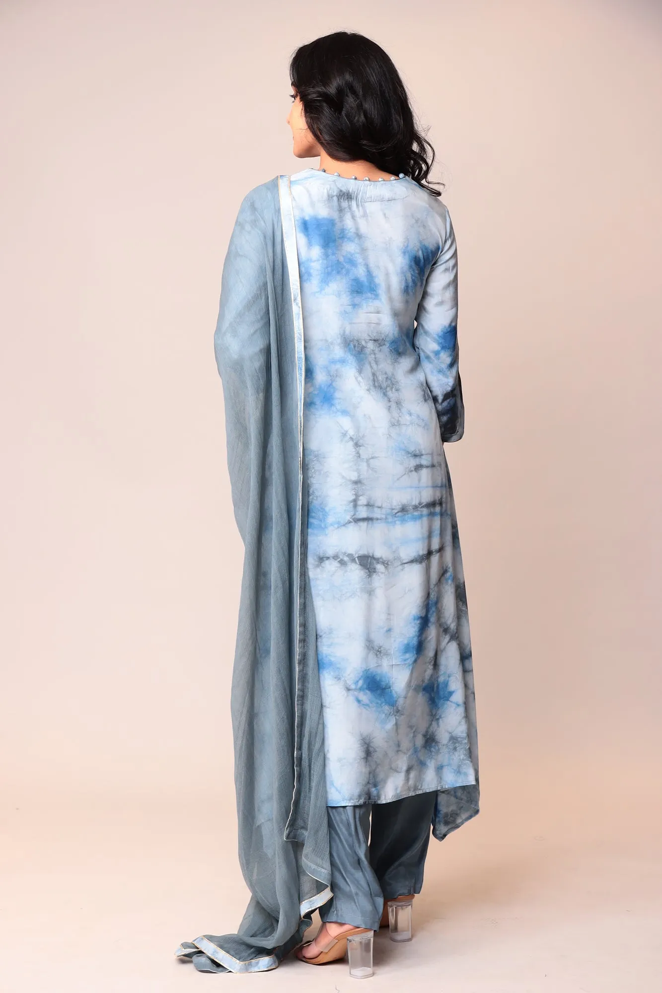 Assymetrical Cut Tie & Dye Silk Kurta Stitched (3Pc) with Gota Patti and Thread Work