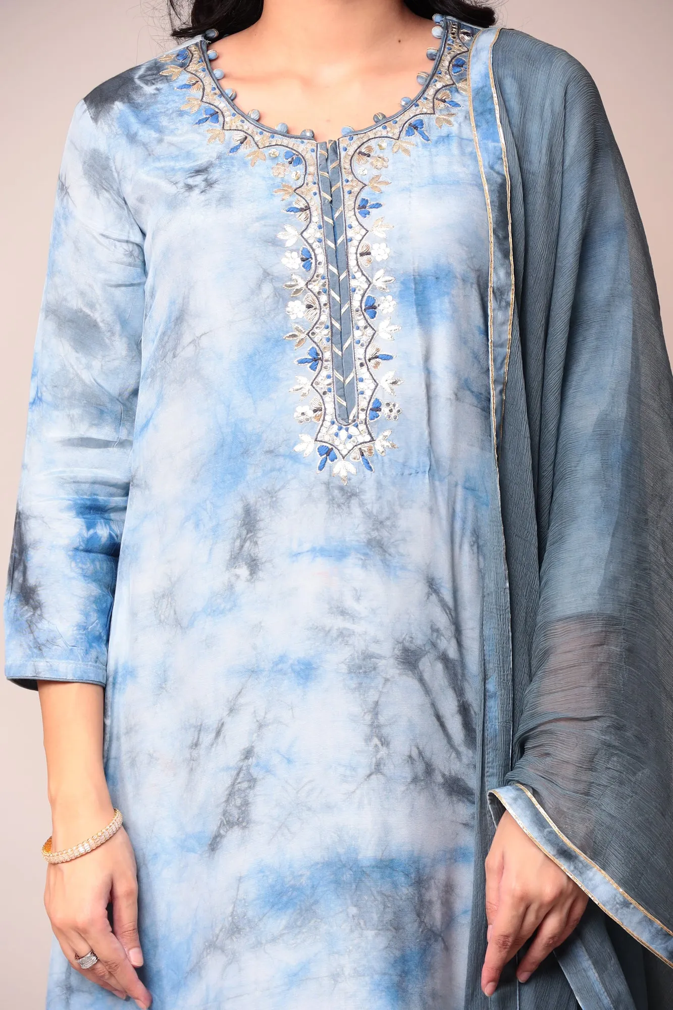 Assymetrical Cut Tie & Dye Silk Kurta Stitched (3Pc) with Gota Patti and Thread Work