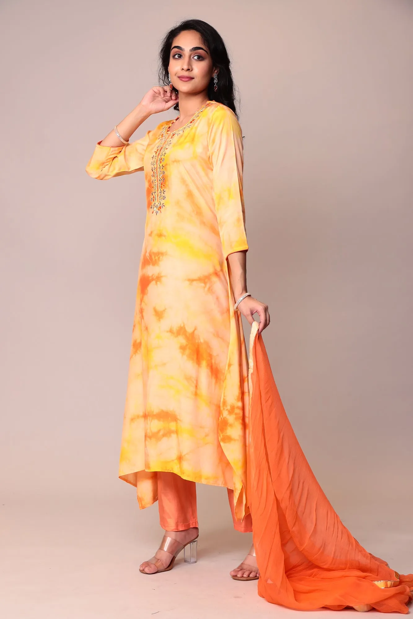 Assymetrical Cut Tie & Dye Silk Kurta Stitched (3Pc) with Gota Patti and Thread Work