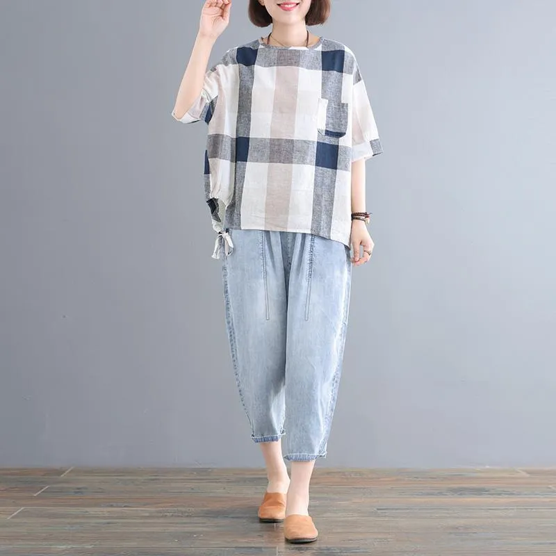 Babakud Casual Loose Plaid Pockets Set