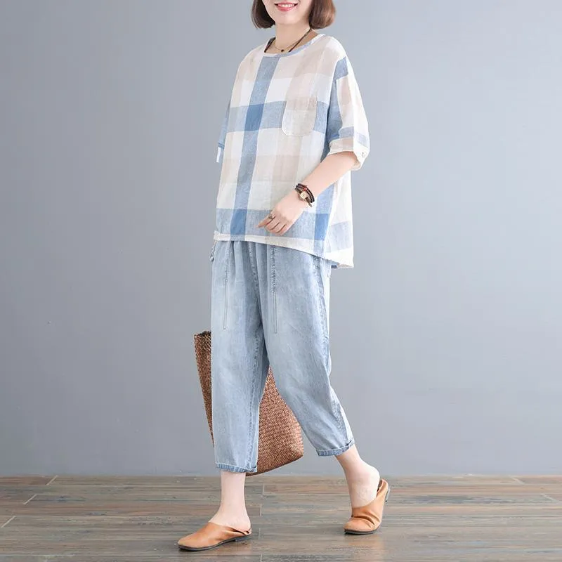 Babakud Casual Loose Plaid Pockets Set