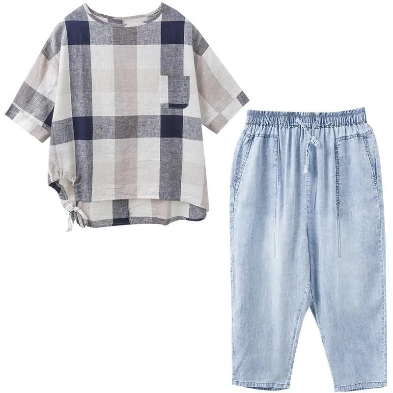 Babakud Casual Loose Plaid Pockets Set