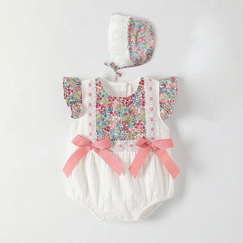 Baby Girls Flower Bow Print Rompers