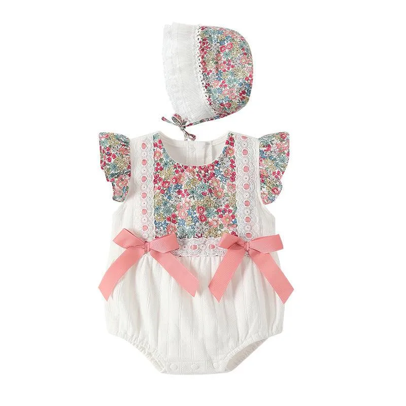 Baby Girls Flower Bow Print Rompers