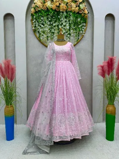 Baby Pink Georgette Sequence Thread Work Anarkali Suit Set