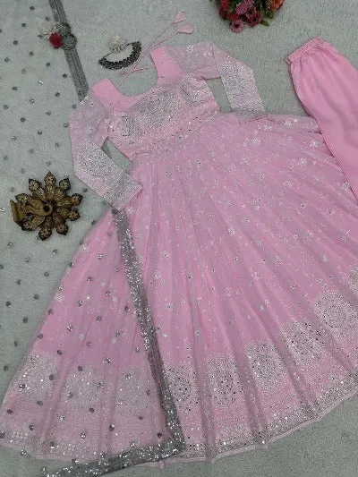 Baby Pink Georgette Sequence Thread Work Anarkali Suit Set