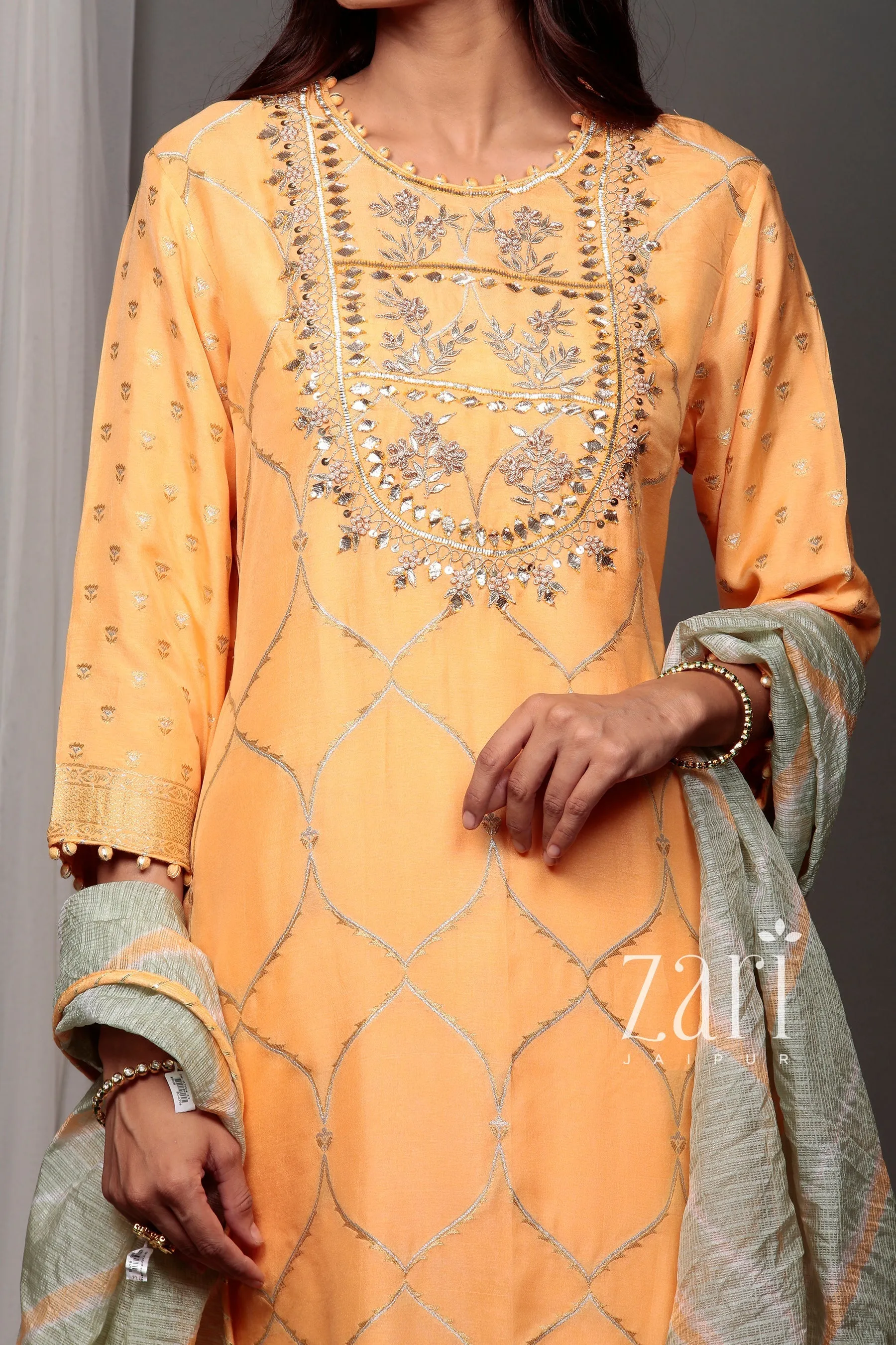 Banarasi Leheriya Banarasi brocade  Suit with Gota, Gota Patti, Pearl, Sequins, Zardozi work.