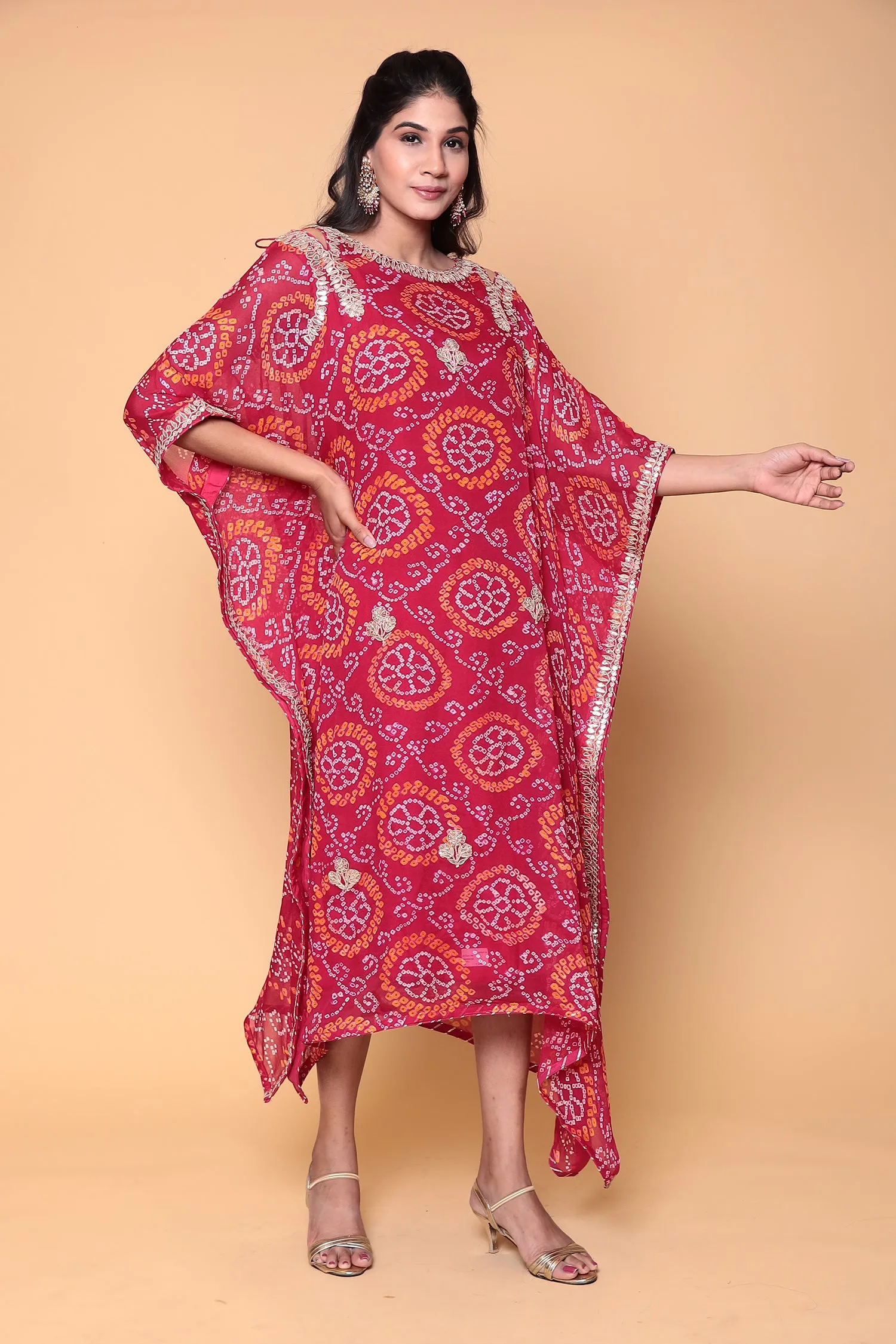 Bandhej Georgette bandhej Kaftan with Gota Patti work.