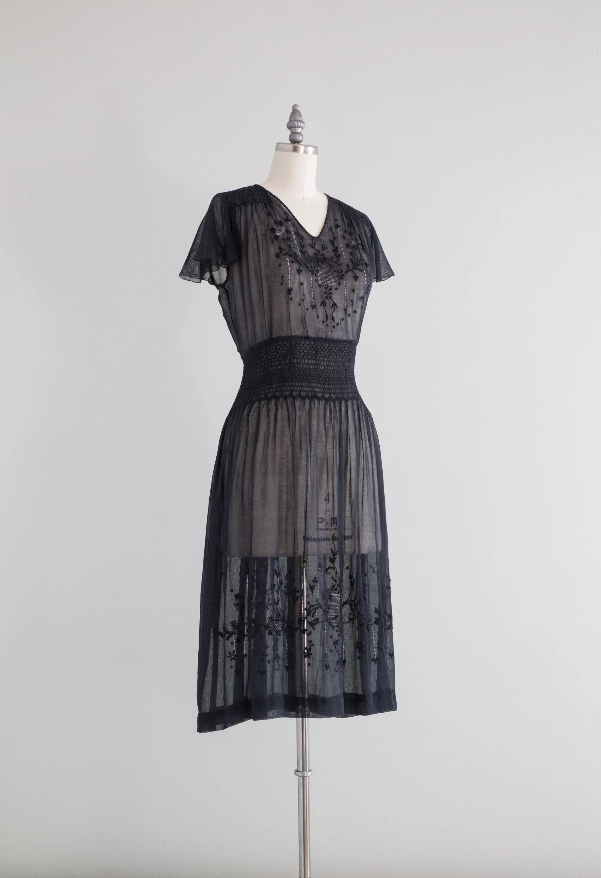 Beautiful 1920's Black Cotton Voile Hungarian Peasant Dress / Medium