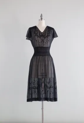 Beautiful 1920's Black Cotton Voile Hungarian Peasant Dress / Medium