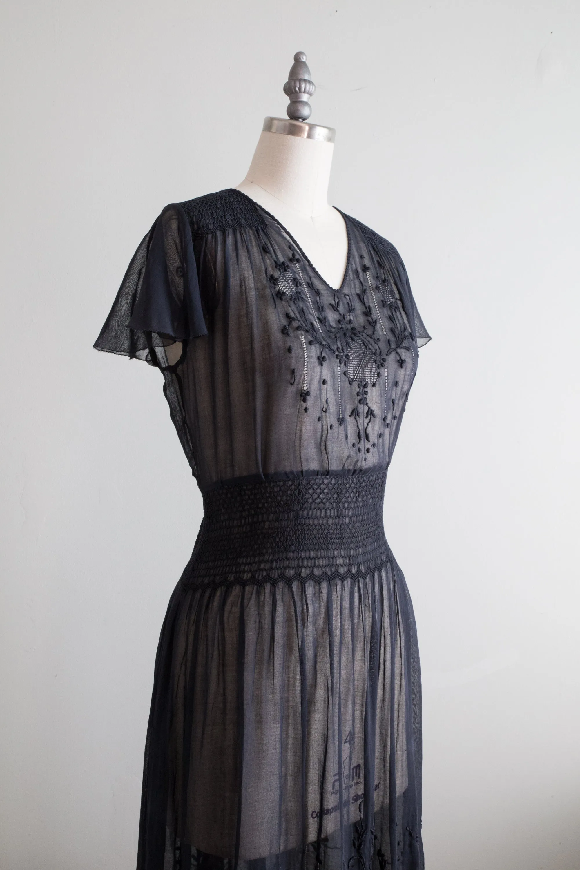 Beautiful 1920's Black Cotton Voile Hungarian Peasant Dress / Medium