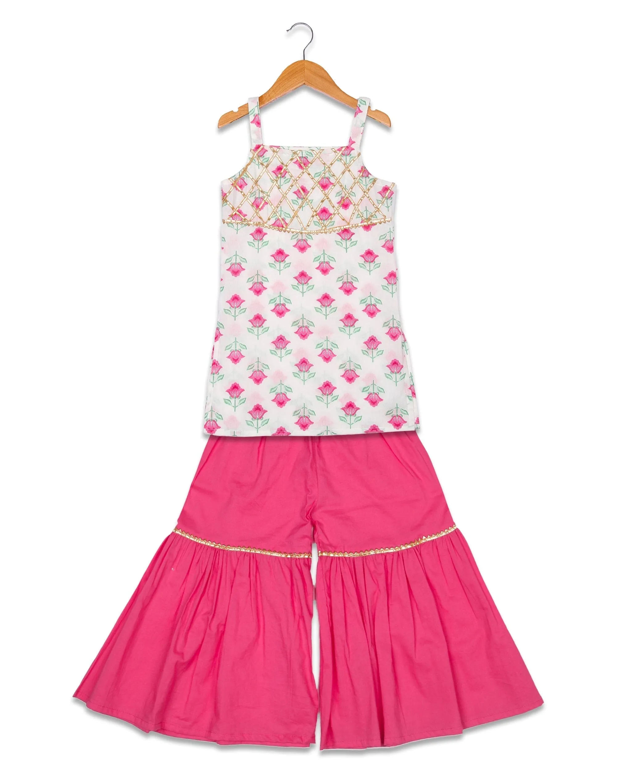 Beautiful Flower print with gota embellished Sleeveless Kurta with Sharara- Pink (Copy)