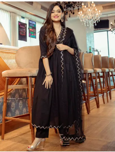 Black A Line Cotton Salwar Suit Set 3pc