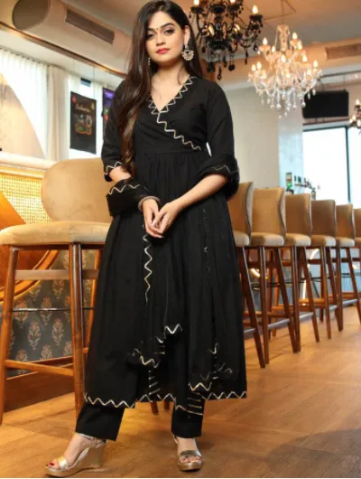 Black A Line Cotton Salwar Suit Set 3pc