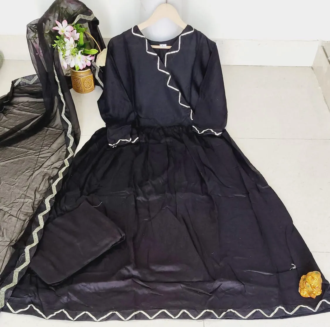 Black A Line Cotton Salwar Suit Set 3pc