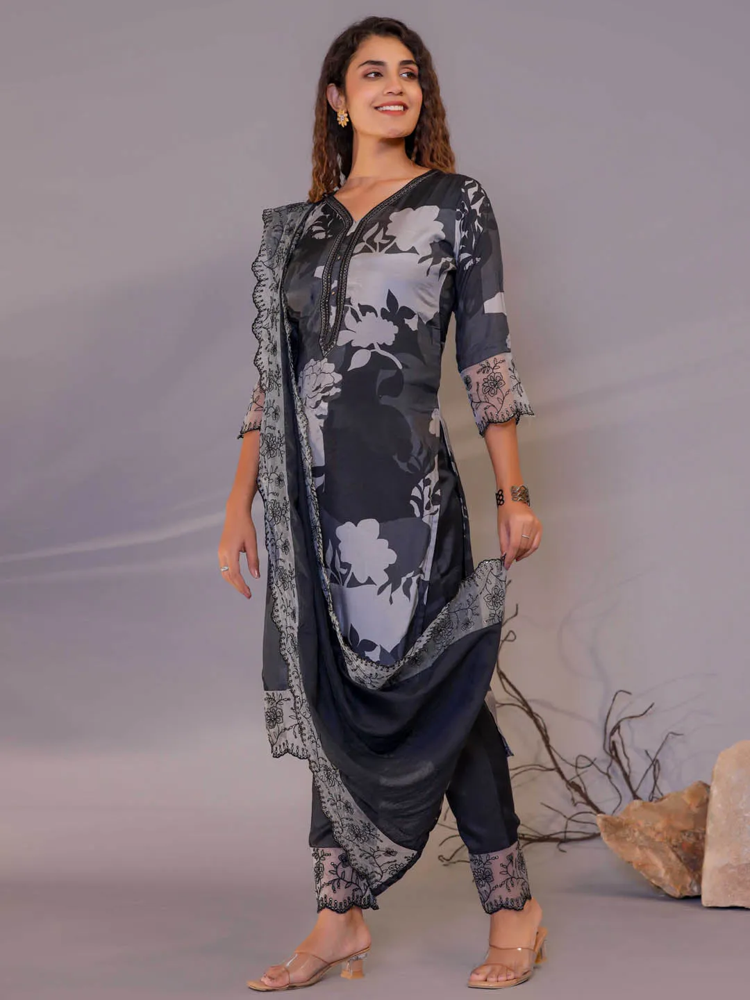 Black Lace Work Embroidery On Cotton Kurta Set