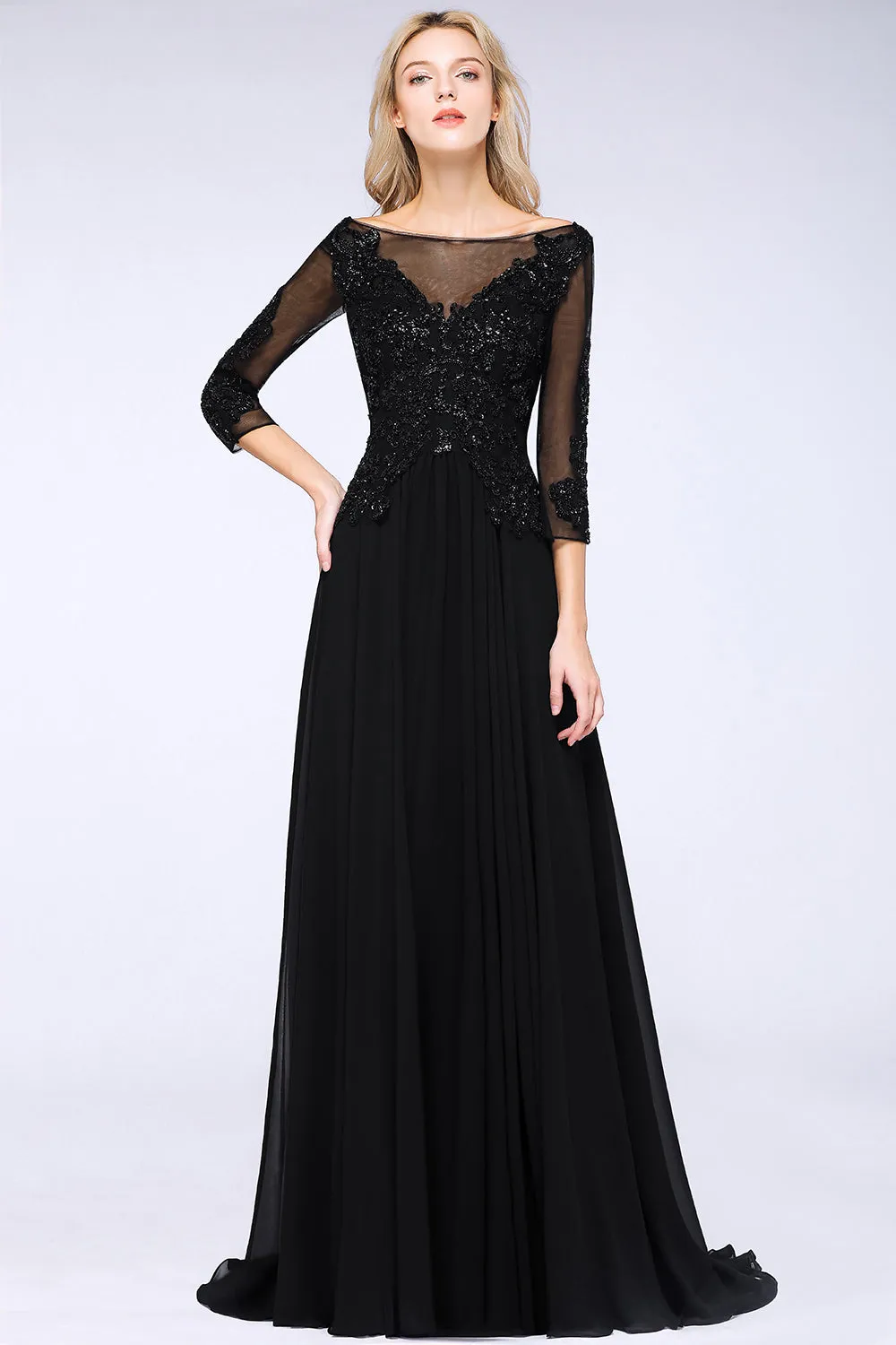 Black Long A-line Chiffon Beads Appliques Bridesmaid Dress with Sleeves