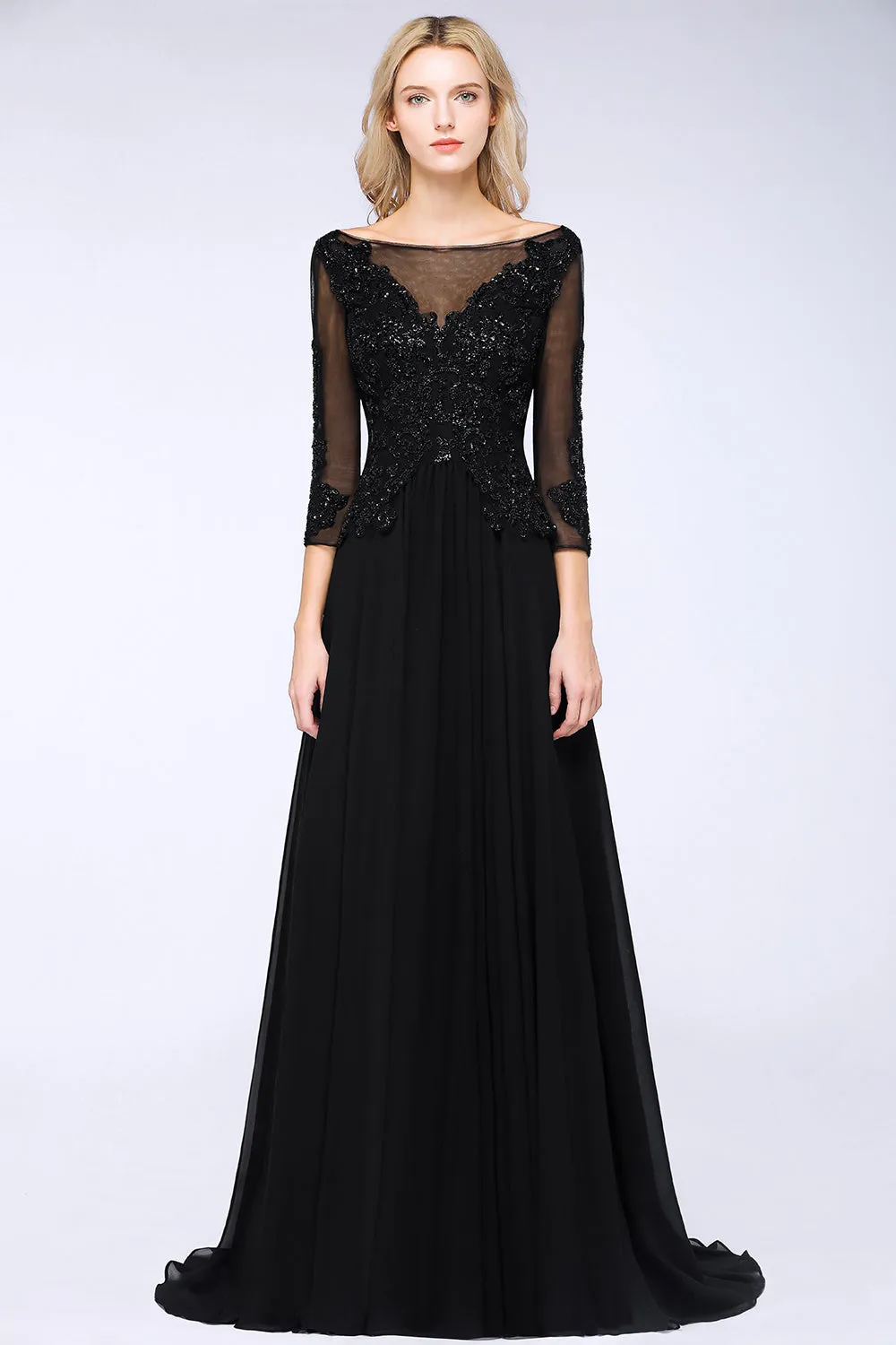 Black Long A-line Chiffon Beads Appliques Bridesmaid Dress with Sleeves