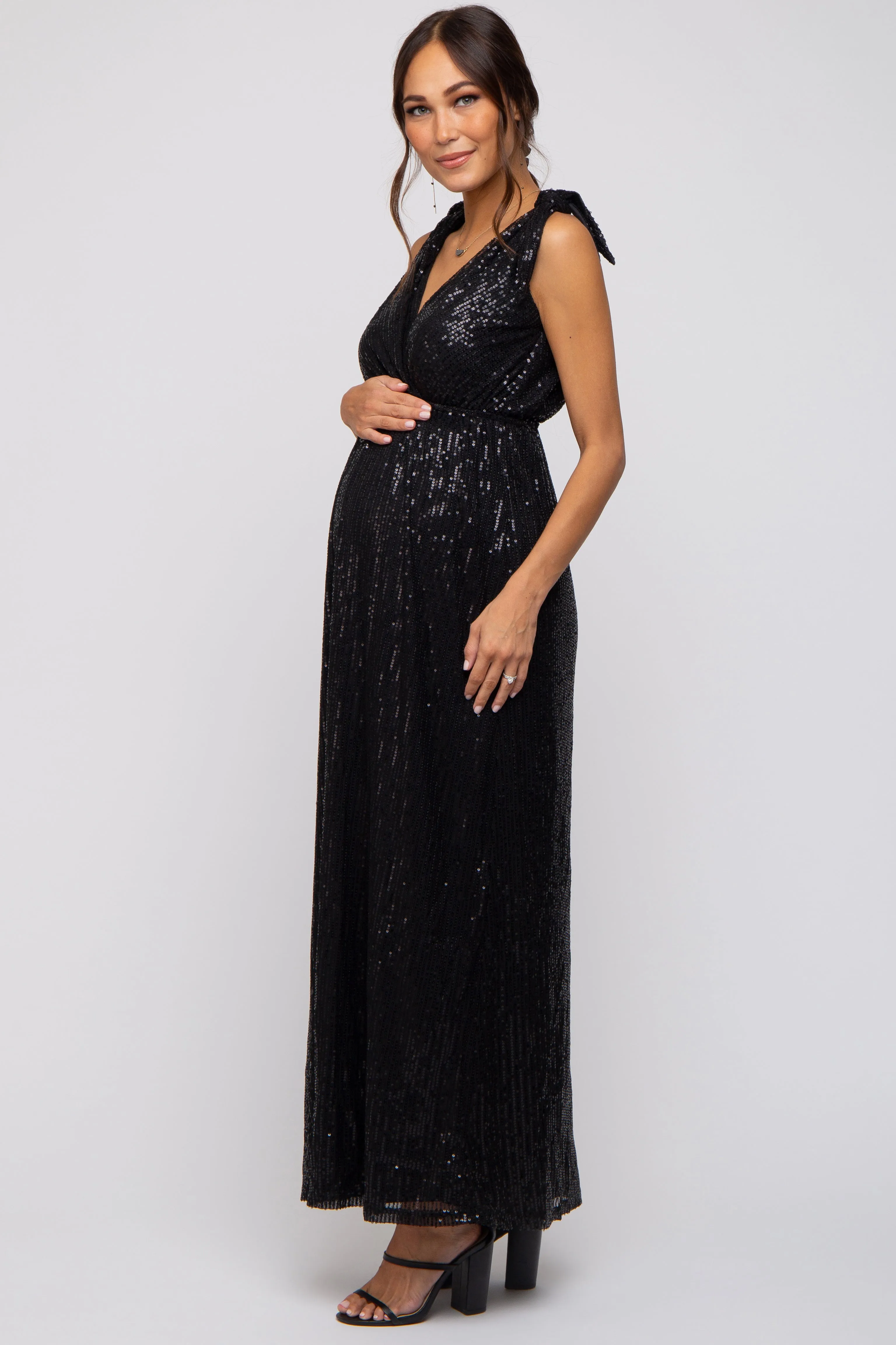 Black Sequin Sleeveless Wrap V-Neck Maternity Gown