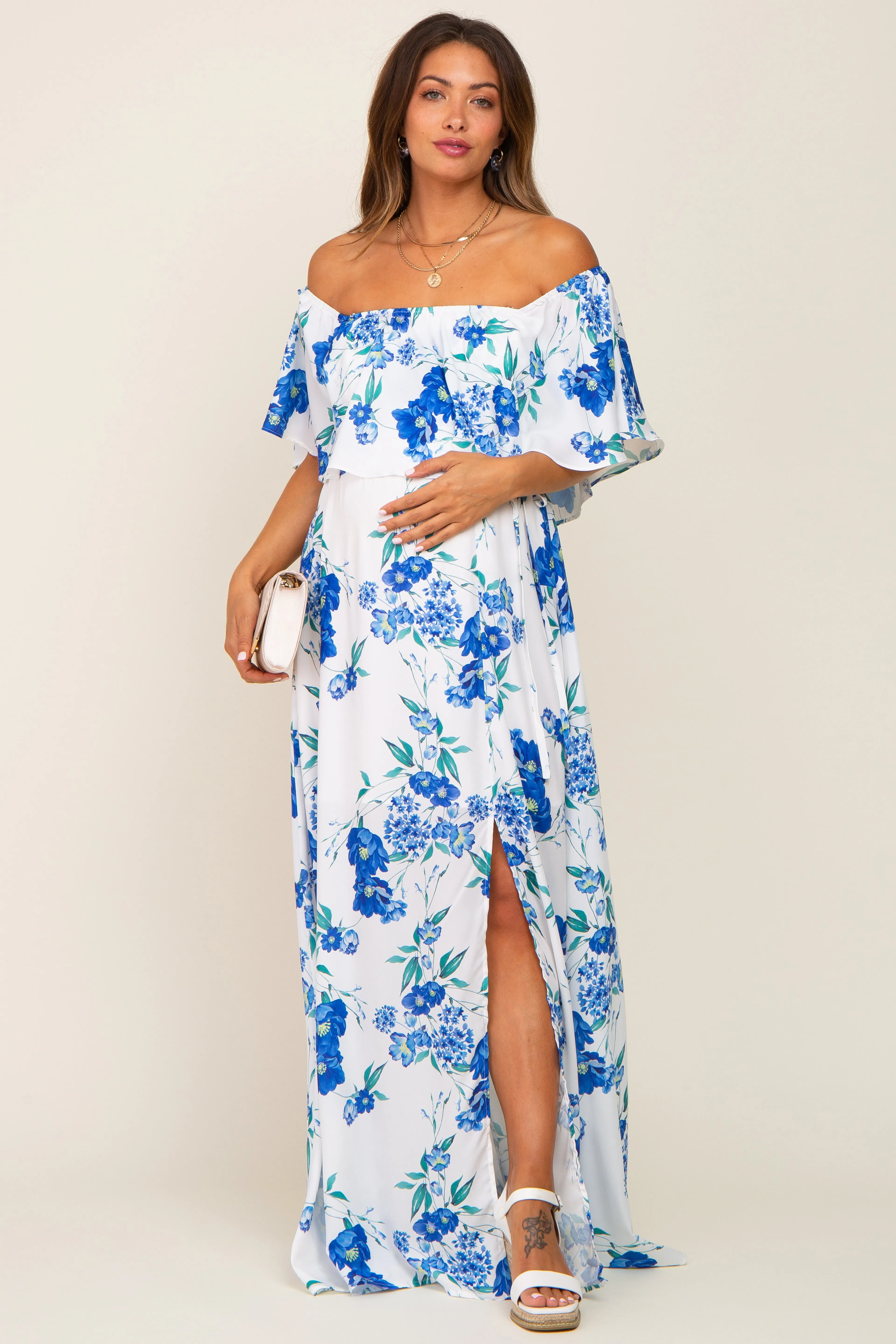 Blue Floral Overlay Off-Shoulder Side Slit Maternity Maxi Dress