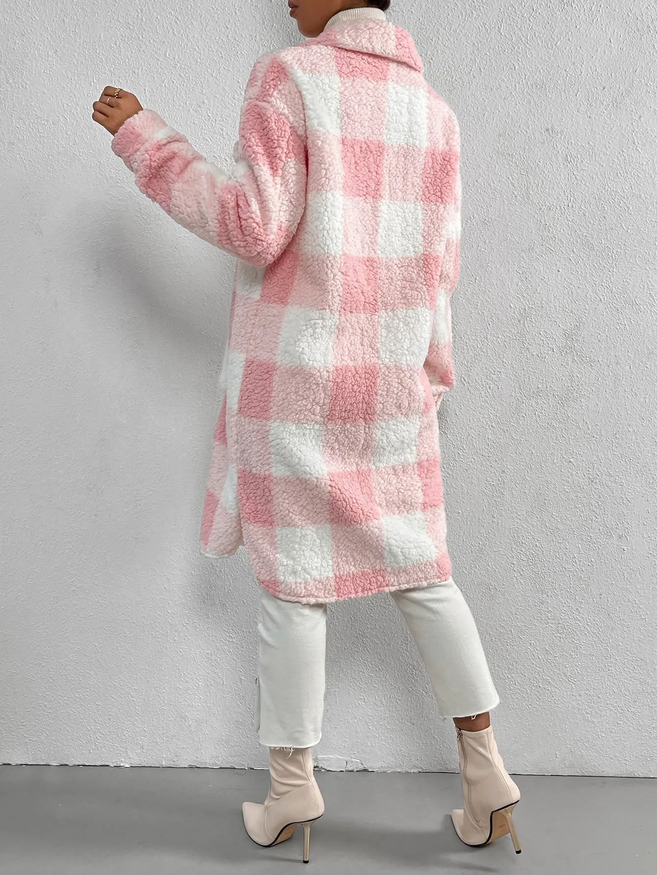 Buffalo Plaid Pattern Flap Pocket Drop Shoulder Teddy Coat