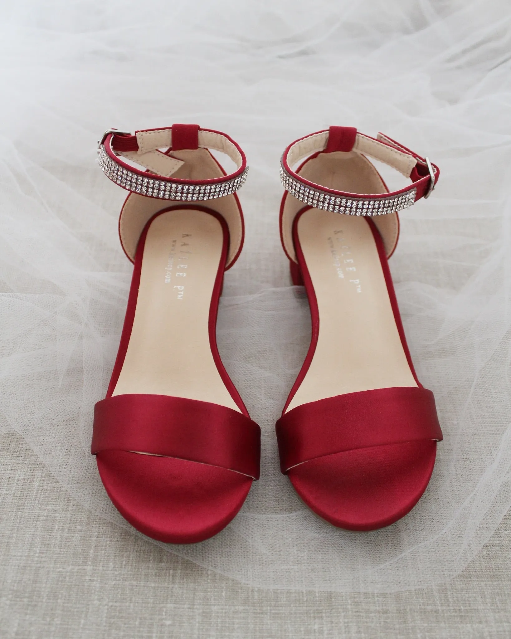 Burgundy Girls Satin Block Heel Sandals with Embellished Ankle Strap