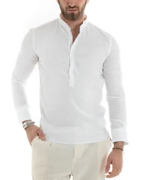 Camicia Uomo Serafino Casacca Manica Lunga Lino Tinta Unita Sartoriale Bianco GIOSAL-C2806A