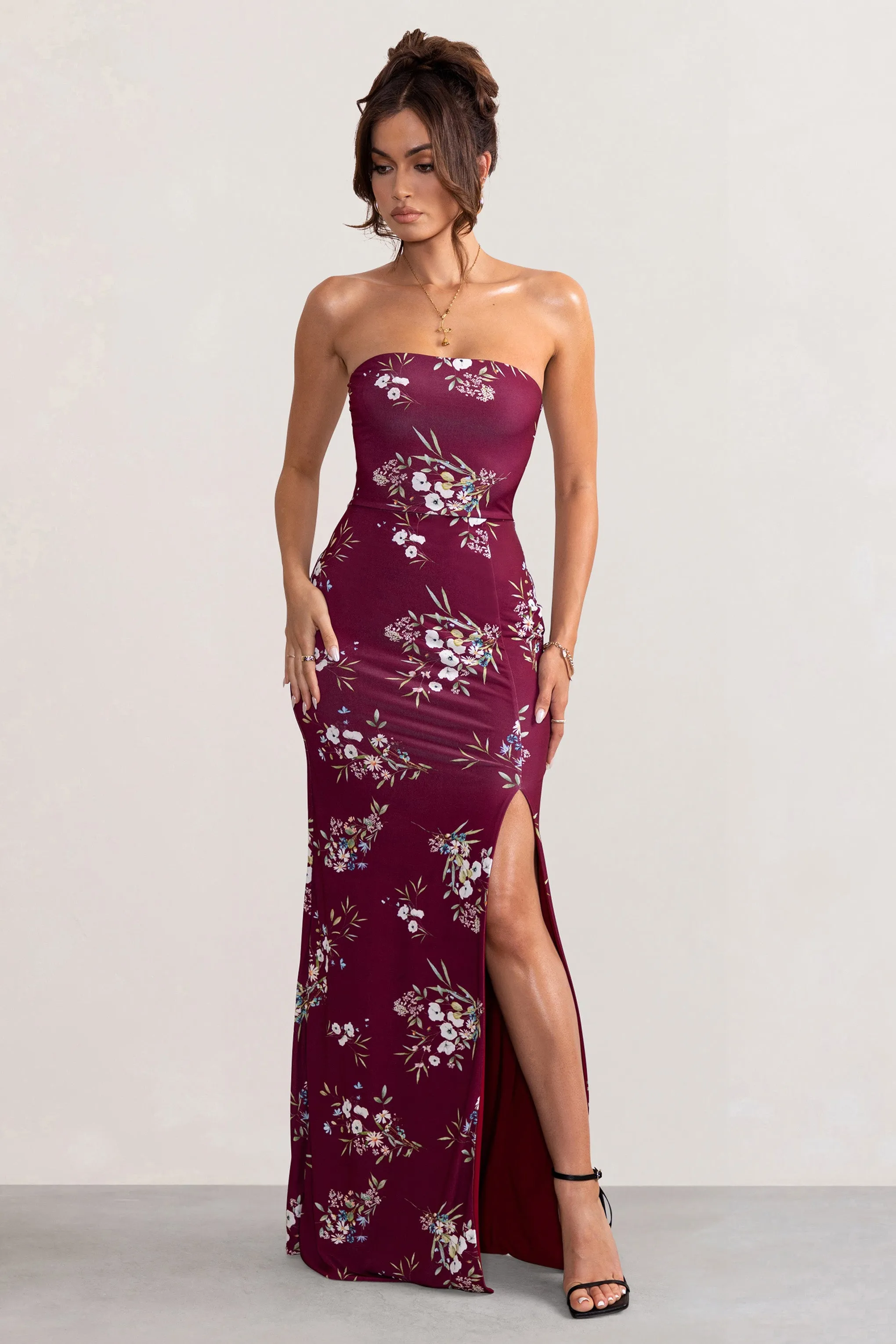 Camila | Burgundy Floral Print Strapless Maxi Dress With Thigh Split