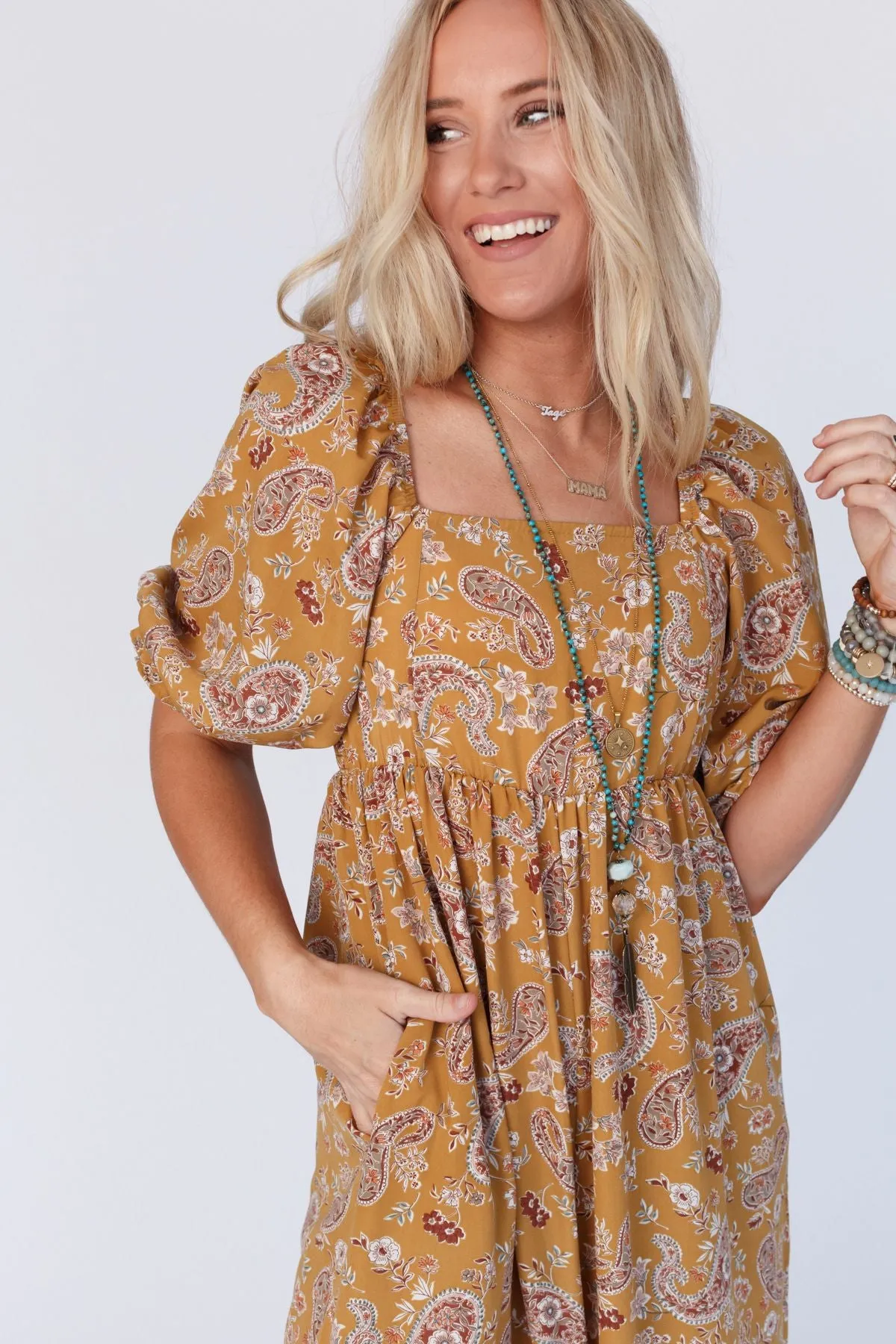 Charlotte Printed Wide Leg Jumpsuit - Mustard Paisley