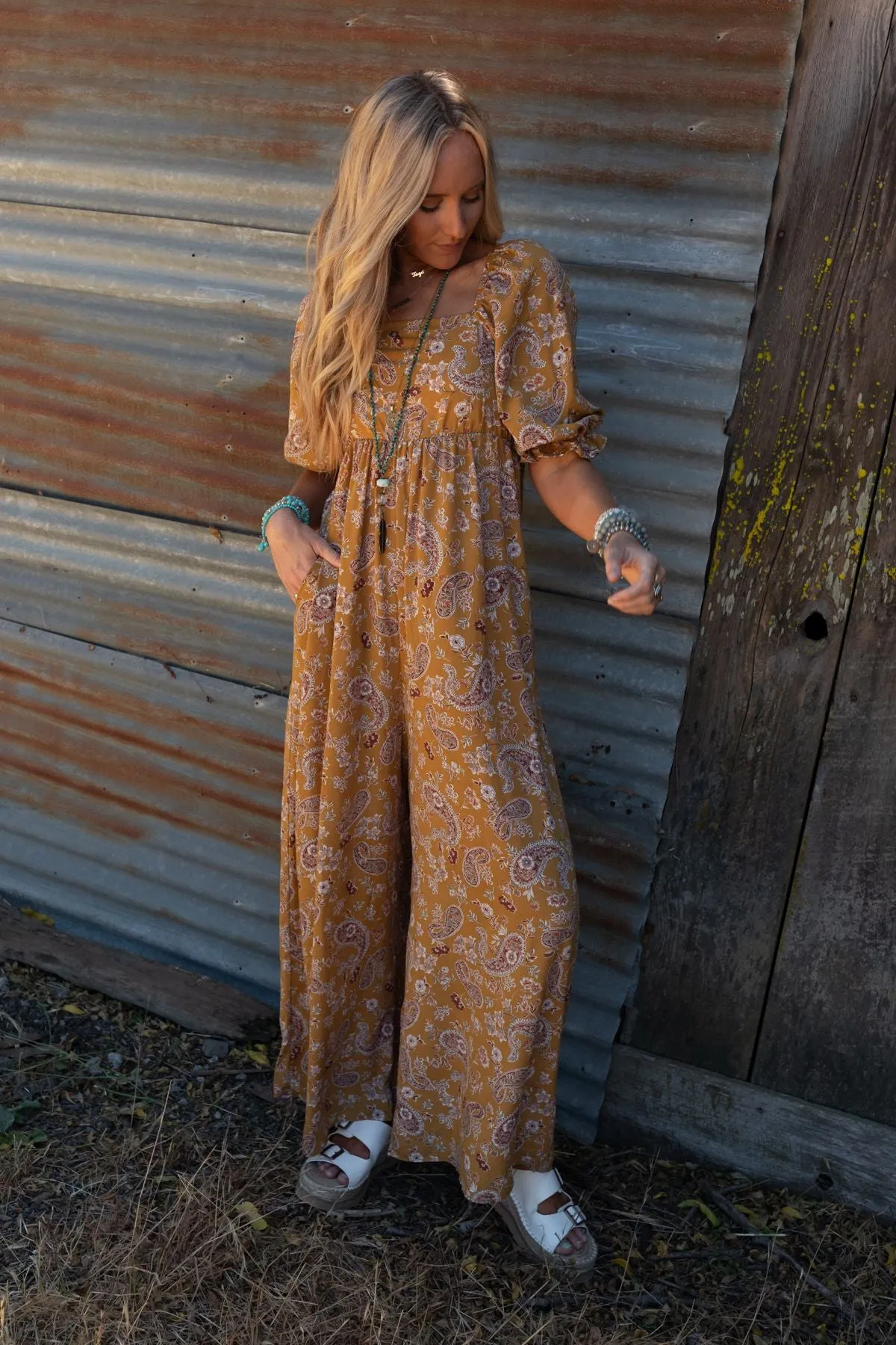 Charlotte Printed Wide Leg Jumpsuit - Mustard Paisley