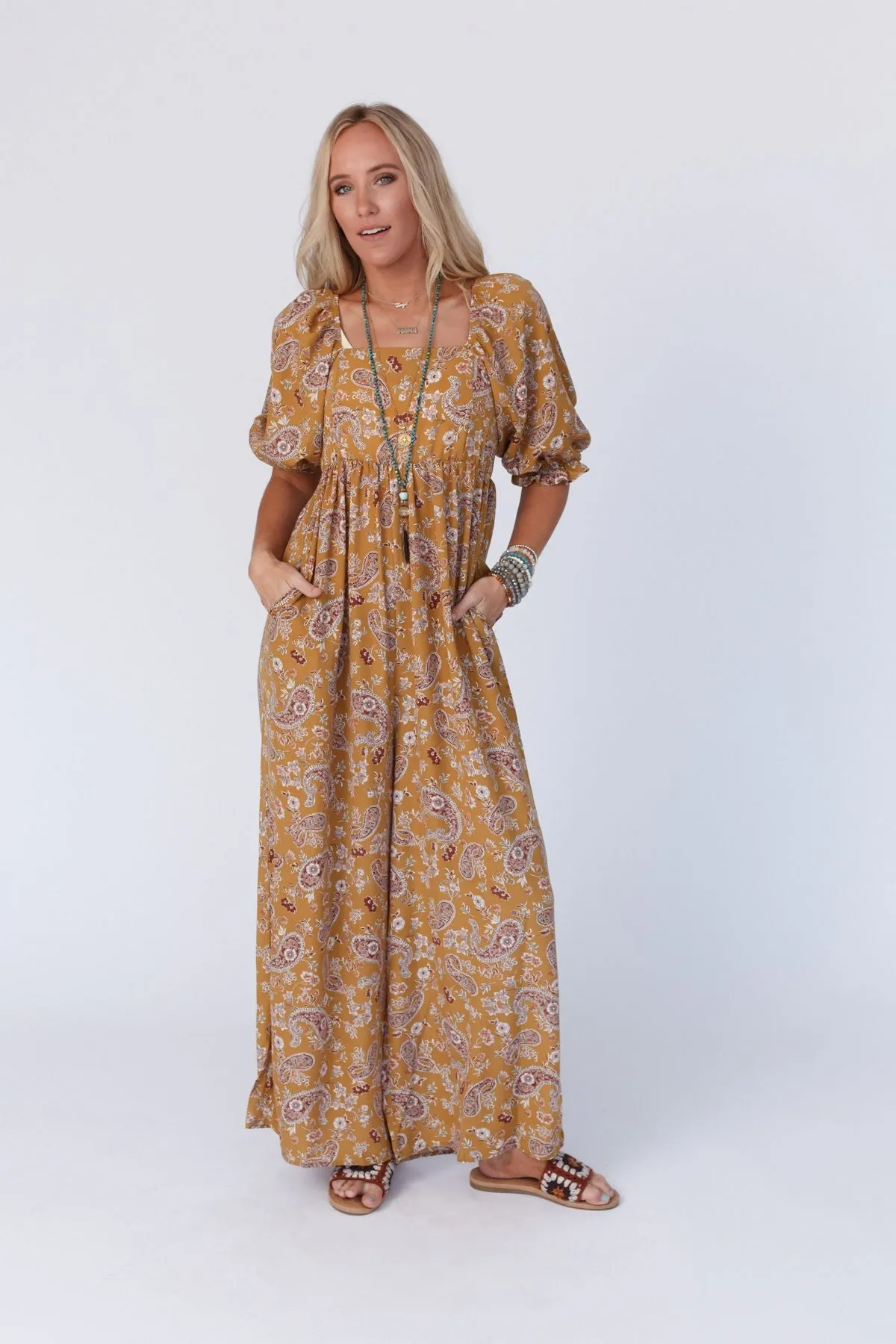 Charlotte Printed Wide Leg Jumpsuit - Mustard Paisley