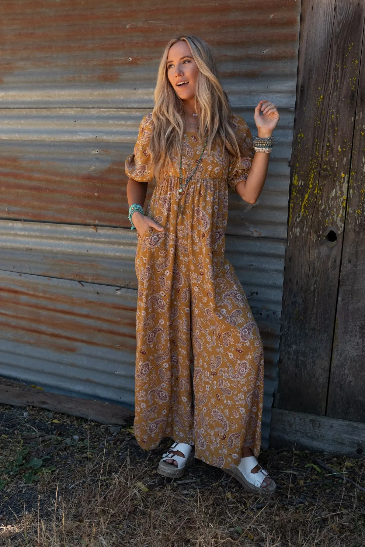 Charlotte Printed Wide Leg Jumpsuit - Mustard Paisley