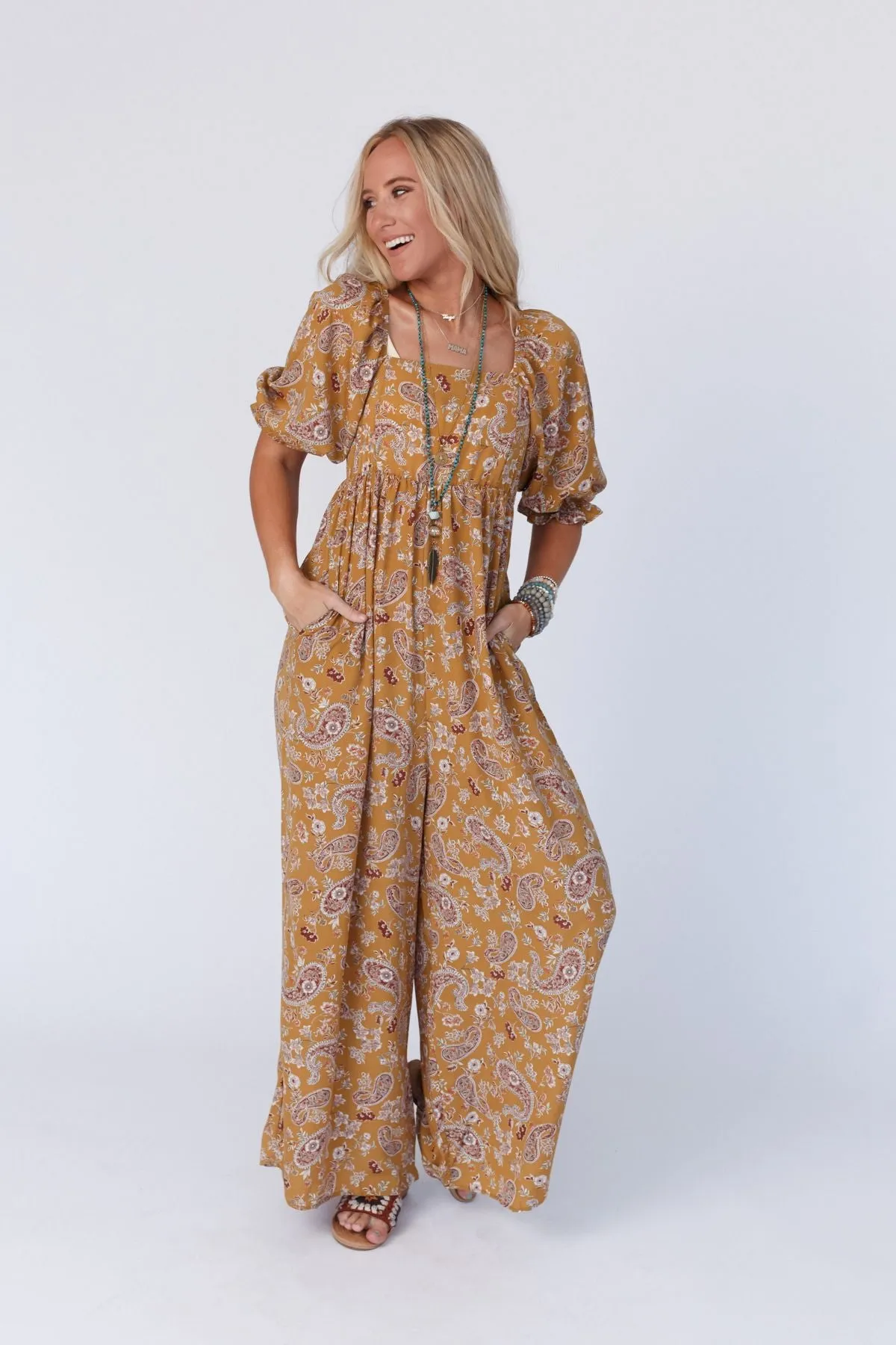 Charlotte Printed Wide Leg Jumpsuit - Mustard Paisley