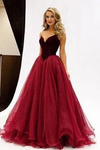 Charming V-Neck A-Line Organza Backless Strapless Noble Long Red Fashion Prom Dresses